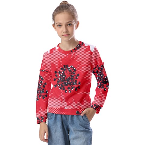 A Red Flower With A Black Center On A Black Background Kids  Long Sleeve T-shirt With Frill  by catchydesignhill