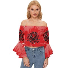 A Red Flower With A Black Center On A Black Background Off Shoulder Flutter Bell Sleeve Top