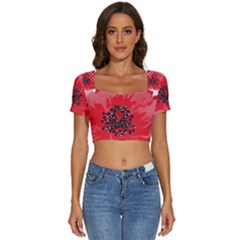 A Red Flower With A Black Center On A Black Background Short Sleeve Square Neckline Crop Top  by catchydesignhill