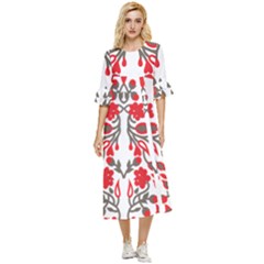 A Red And Beige Scarf With A Picture Of A Woman Holding A Tennis Racket Double Cuff Midi Dress by catchydesignhill