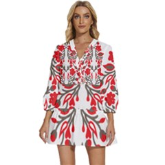 A Red And Beige Scarf With A Picture Of A Woman Holding A Tennis Racket V-neck Placket Mini Dress by catchydesignhill