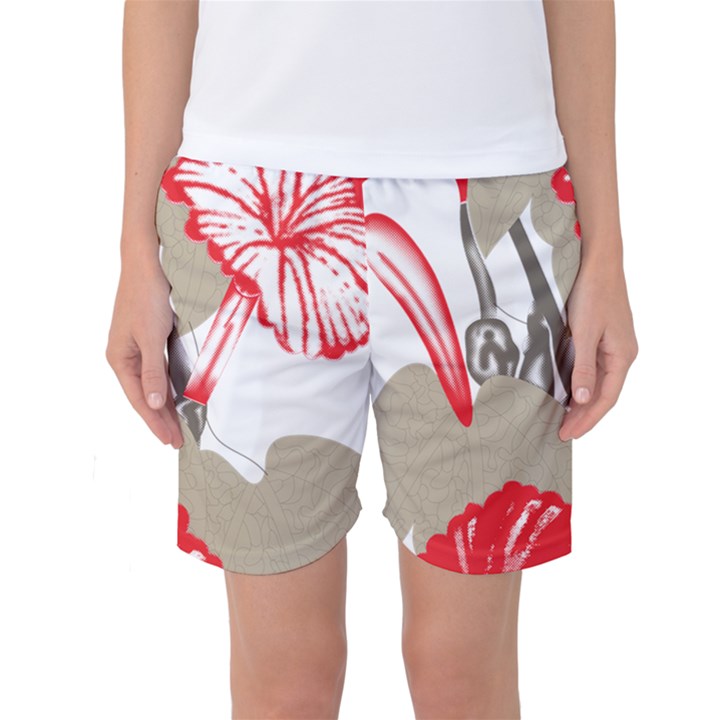 A Design Of A Red Flower On A White Background Women s Basketball Shorts