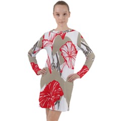 A Design Of A Red Flower On A White Background Long Sleeve Hoodie Dress