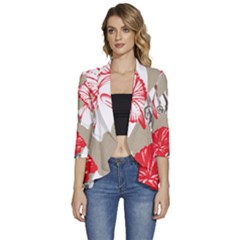 A Design Of A Red Flower On A White Background Women s 3/4 Sleeve Ruffle Edge Open Front Jacket by catchydesignhill