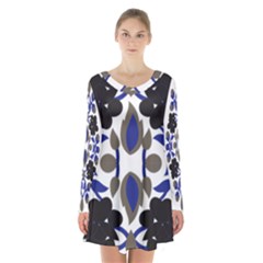 A Design Of A Blue And Black Flower Long Sleeve Velvet V-neck Dress