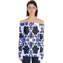 A Design Of A Blue And Black Flower Off Shoulder Long Sleeve Top by catchydesignhill