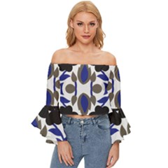 A Design Of A Blue And Black Flower Off Shoulder Flutter Bell Sleeve Top