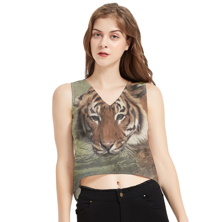 Swimming Tiger V-Neck Cropped Tank Top