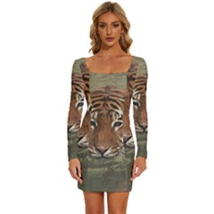 Swimming Tiger Long Sleeve Square Neck Bodycon Velvet Dress by ExtraGoodSauce