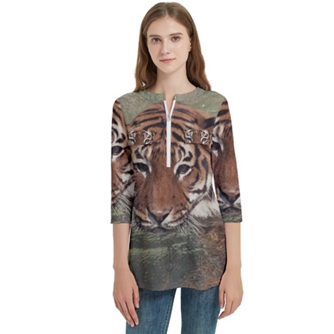 Swimming Tiger Women s Zip Front V-neck 3/4 Sleeve Casual Top Pocket Shirt by ExtraGoodSauce