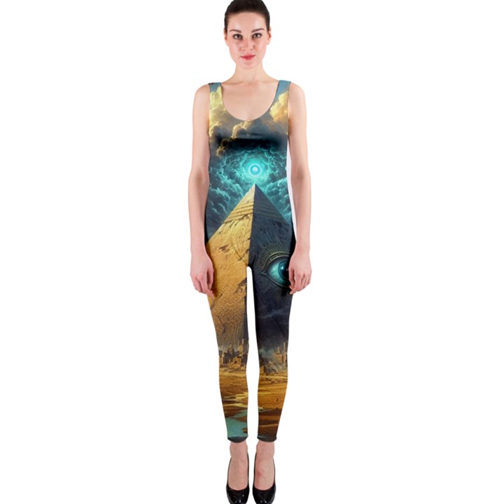 Mystic Blue Pyramid Art One Piece Catsuit