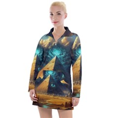 Mystic Blue Pyramid Art Women s Long Sleeve Casual Dress by ExtraGoodSauce