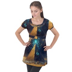 Mystic Blue Pyramid Art Puff Sleeve Tunic Top by ExtraGoodSauce