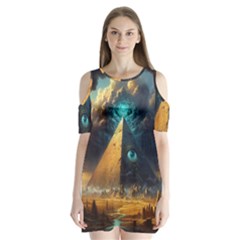 Mystic Blue Pyramid Art Shoulder Cutout Velvet One Piece