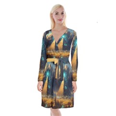 Mystic Blue Pyramid Art Long Sleeve Velvet Front Wrap Dress by ExtraGoodSauce