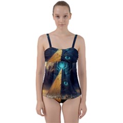 Mystic Blue Pyramid Art Twist Front Tankini Set by ExtraGoodSauce