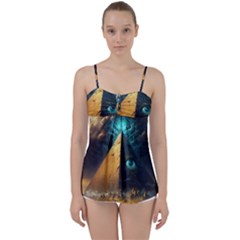 Mystic Blue Pyramid Art Babydoll Tankini Top by ExtraAwesomeSauce