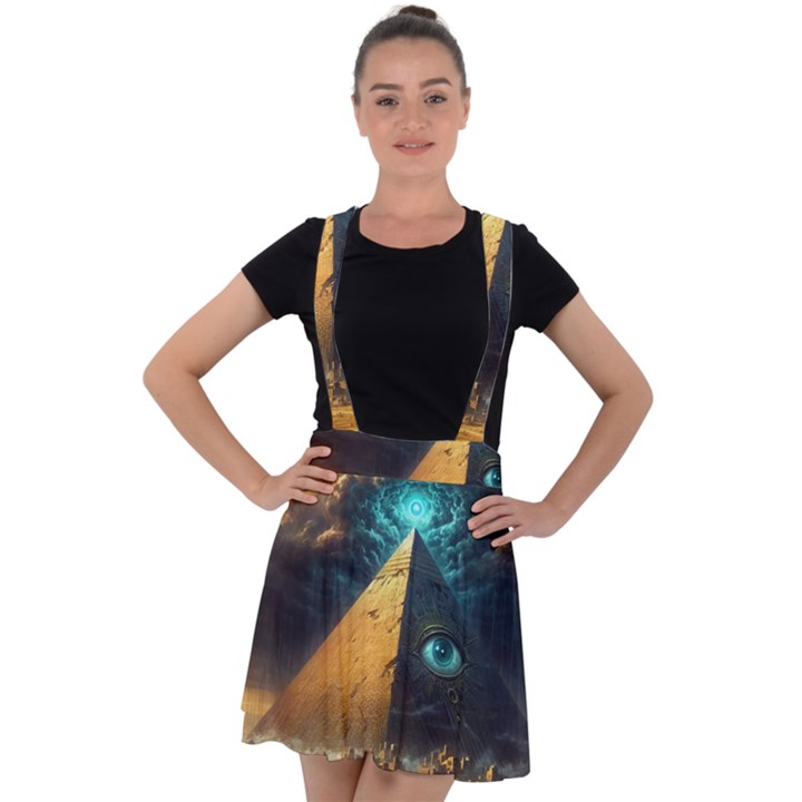 Mystic Blue Pyramid Art Velvet Suspender Skater Skirt