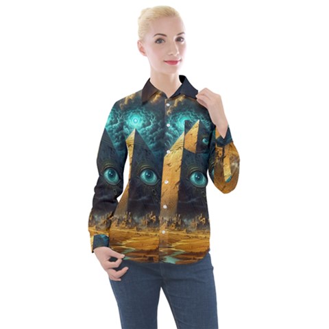 Mystic Blue Pyramid Art Women s Long Sleeve Pocket Shirt by ExtraGoodSauce