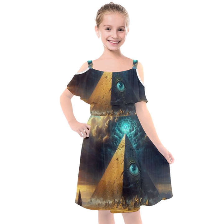 Mystic Blue Pyramid Art Kids  Cut Out Shoulders Chiffon Dress