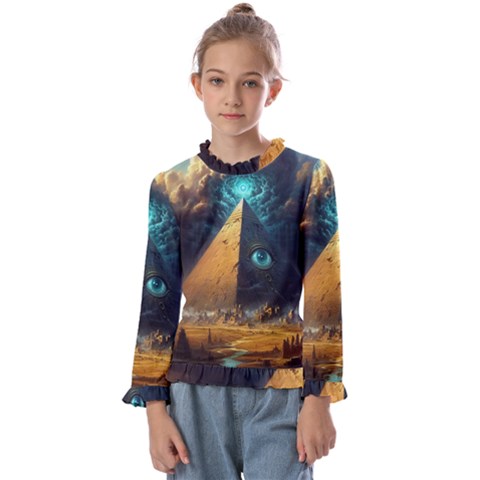 Mystic Blue Pyramid Art Kids  Frill Detail T-shirt by ExtraAwesomeSauce