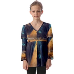 Mystic Blue Pyramid Art Kids  V Neck Casual Top by ExtraGoodSauce