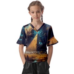 Mystic Blue Pyramid Art Kids  V-neck Horn Sleeve Blouse by ExtraGoodSauce