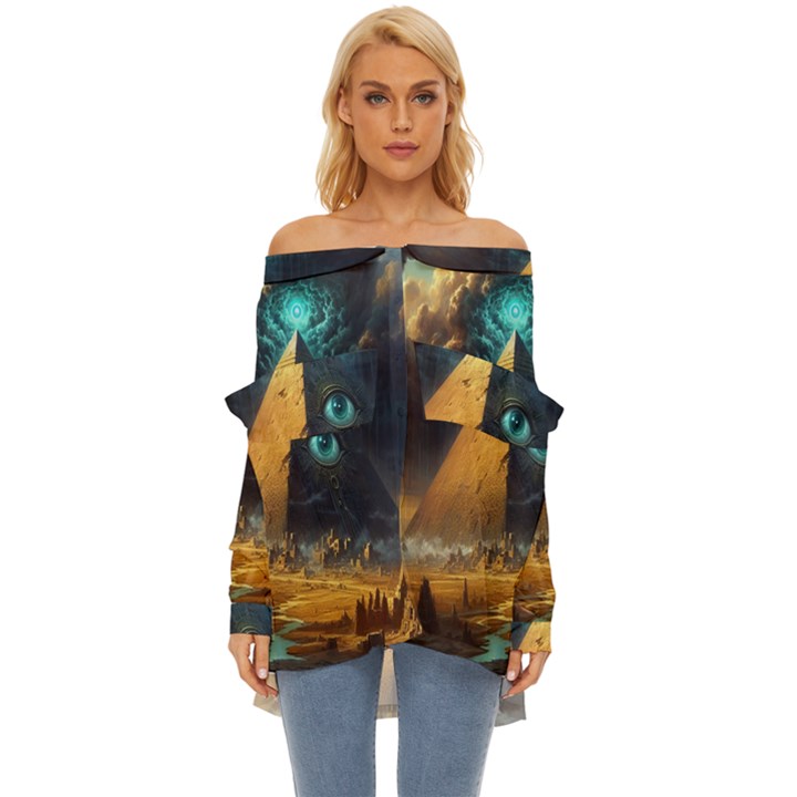 Mystic Blue Pyramid Art Off Shoulder Chiffon Pocket Shirt