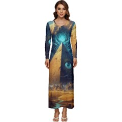 Mystic Blue Pyramid Art Long Sleeve Longline Maxi Dress by ExtraGoodSauce