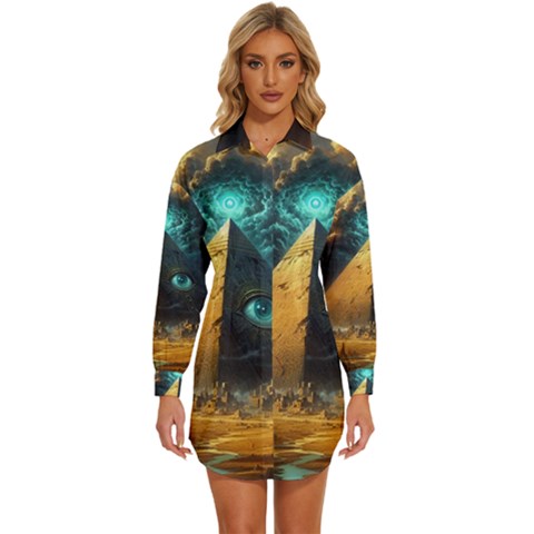 Mystic Blue Pyramid Art Womens Long Sleeve Shirt Dress by ExtraGoodSauce