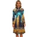 Mystic Blue Pyramid Art Long Sleeve Shirt Collar A-Line Dress View1