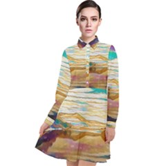 Vibrant Sunset Over Serene Lake Long Sleeve Chiffon Shirt Dress by ExtraAwesomeSauce