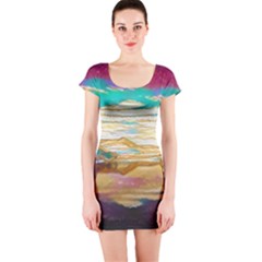 Vibrant Sunset Over Serene Lake Short Sleeve Bodycon Dress by ExtraGoodSauce