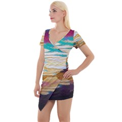 Vibrant Sunset Over Serene Lake Short Sleeve Asymmetric Mini Dress by ExtraGoodSauce