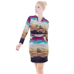 Vibrant Sunset Over Serene Lake Button Long Sleeve Dress by ExtraGoodSauce