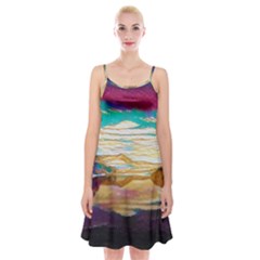 Vibrant Sunset Over Serene Lake Spaghetti Strap Velvet Dress