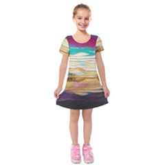 Vibrant Sunset Over Serene Lake Kids  Short Sleeve Velvet Dress