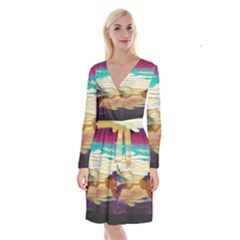 Vibrant Sunset Over Serene Lake Long Sleeve Velvet Front Wrap Dress by ExtraGoodSauce