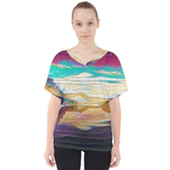 Vibrant Sunset Over Serene Lake V-neck Dolman Drape Top by ExtraGoodSauce