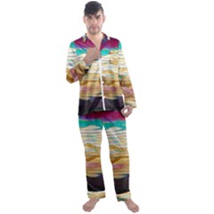 Vibrant Sunset Over Serene Lake Men s Long Sleeve Satin Pajamas Set by ExtraGoodSauce