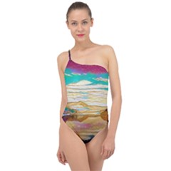 Vibrant Sunset Over Serene Lake Classic One Shoulder Swimsuit by ExtraGoodSauce