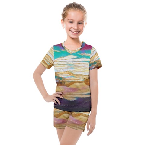 Vibrant Sunset Over Serene Lake Kids  Mesh T-shirt And Shorts Set by ExtraAwesomeSauce