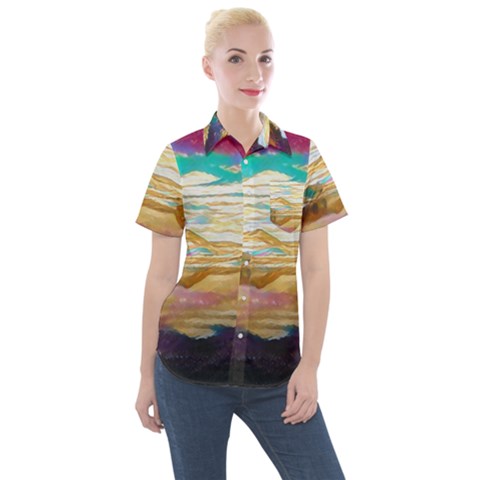 Vibrant Sunset Over Serene Lake Women s Short Sleeve Pocket Shirt by ExtraGoodSauce