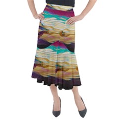 Vibrant Sunset Over Serene Lake Midi Mermaid Skirt by ExtraGoodSauce