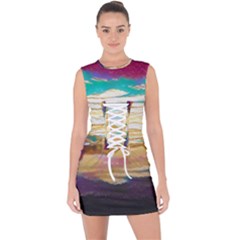 Vibrant Sunset Over Serene Lake Lace Up Front Bodycon Dress by ExtraGoodSauce