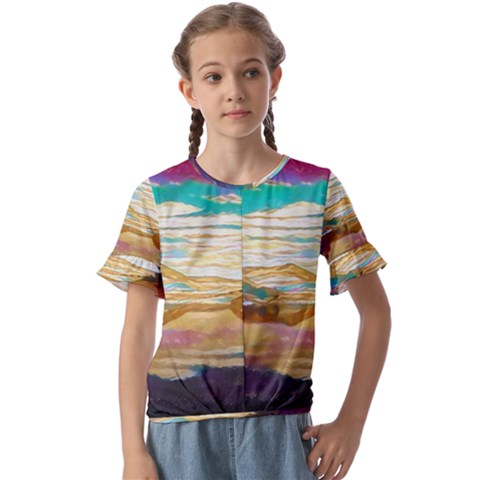 Vibrant Sunset Over Serene Lake Kids  Cuff Sleeve Scrunch Bottom T-shirt by ExtraGoodSauce