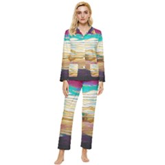 Vibrant Sunset Over Serene Lake Womens  Long Sleeve Velvet Pocket Pajamas Set by ExtraAwesomeSauce