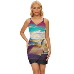 Vibrant Sunset Over Serene Lake Wrap Tie Front Dress by ExtraGoodSauce