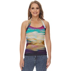 Vibrant Sunset Over Serene Lake Basic Halter Top by ExtraGoodSauce