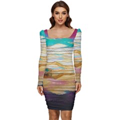 Vibrant Sunset Over Serene Lake Women Long Sleeve Ruched Stretch Jersey Dress by ExtraGoodSauce